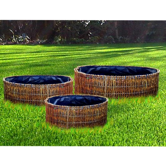 3 x Circular Willow Garden Planters With Liner & Drainage Holes